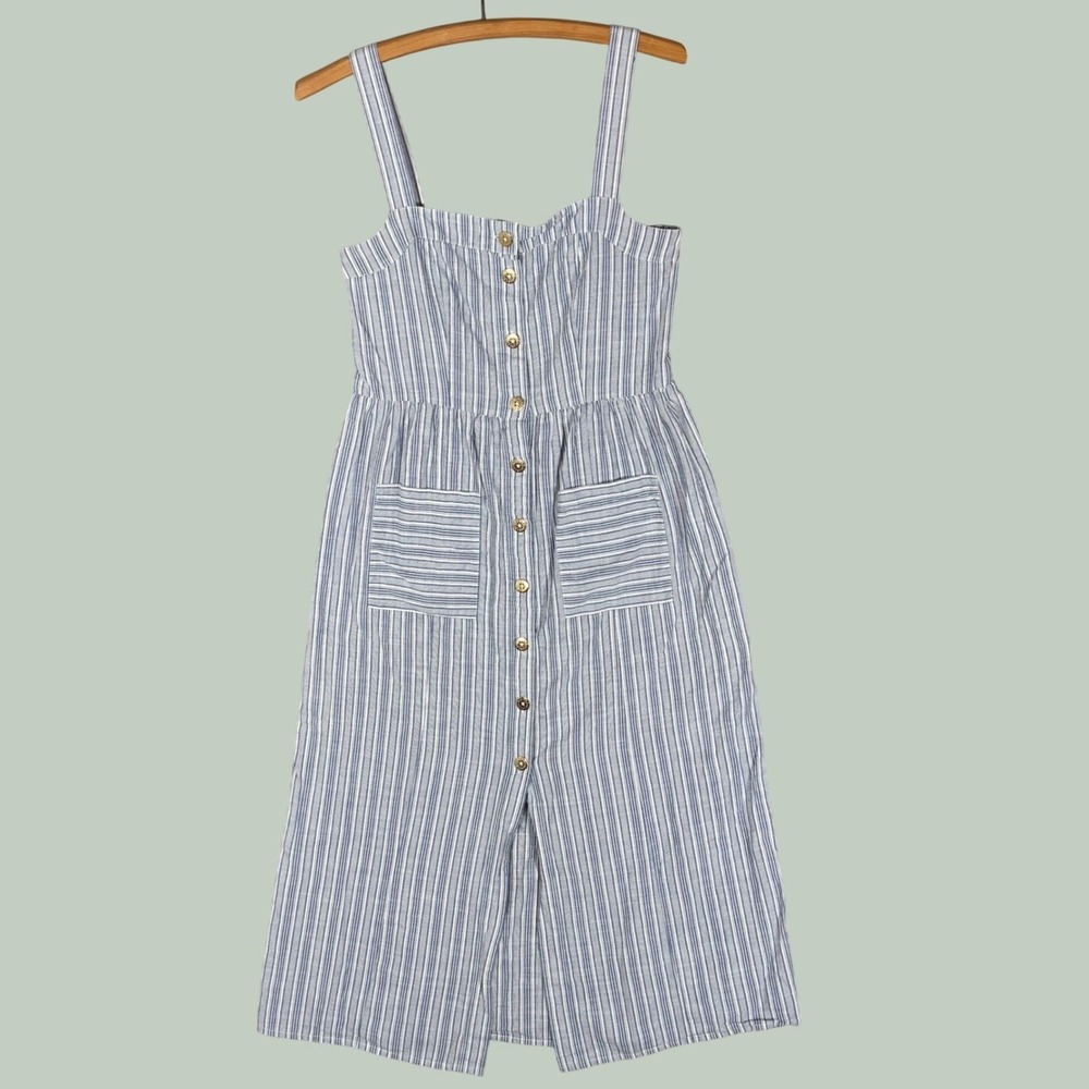 Melissa Odabash Blue White Striped Cotton Button Front Midi Dress XS Smocked